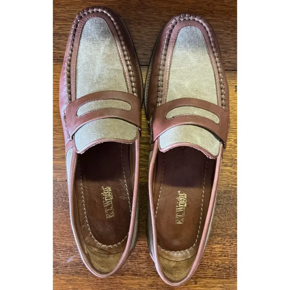 VTG E.T. Wright Handsewn Two Toned Penny Loafers Sz 8.5 B Brown Leather Italy